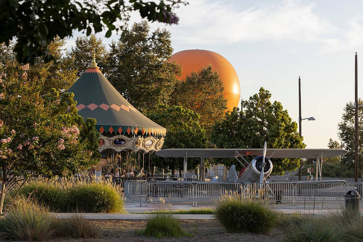 Afternoon light illuminates the landscape at the Irvine Orange County Great Park.