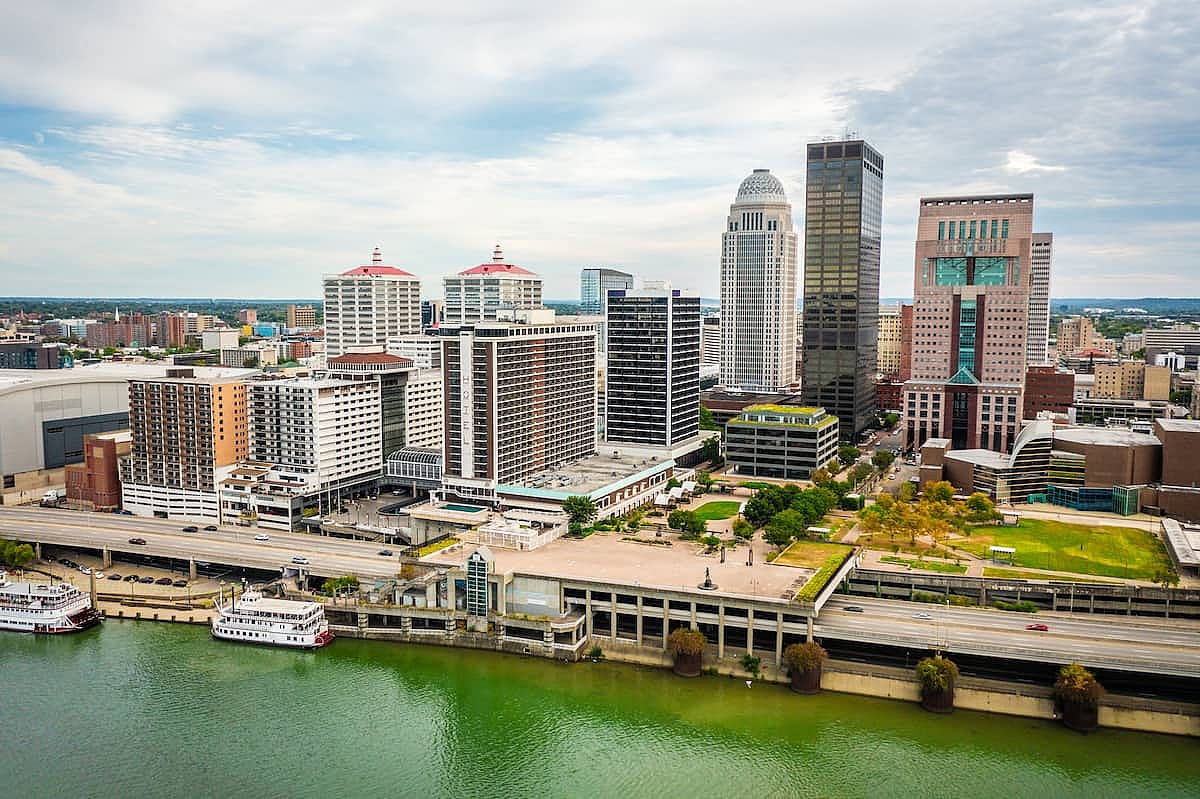 Aerial view of downtown Louisville, Kentucky from the Ohio River