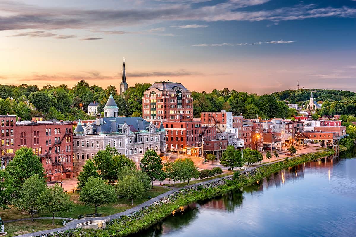 Augusta, Maine, USA downtown skyline on the Kennebec River.
