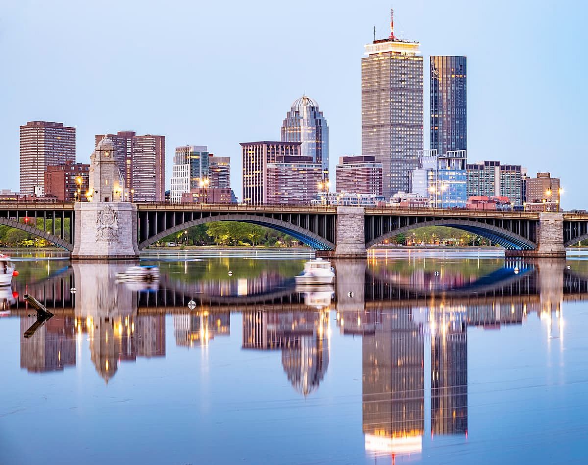View of the historic architecture of Boston in Massachusetts, USA with its mix of contemporary and ancient buildings at sunrise.