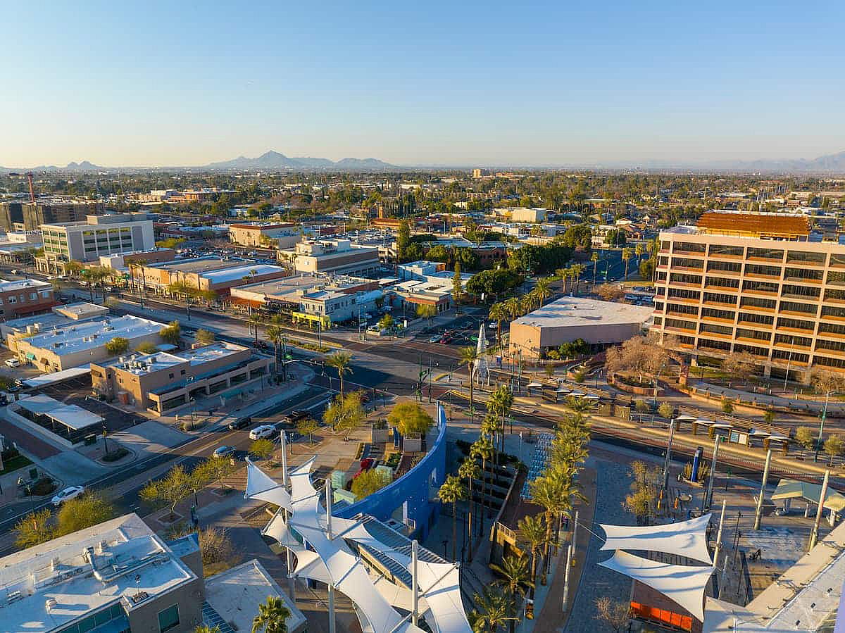 Mesa city center aerial view on Center Street at Main Street at sunset, Mesa, Arizona AZ, USA. 