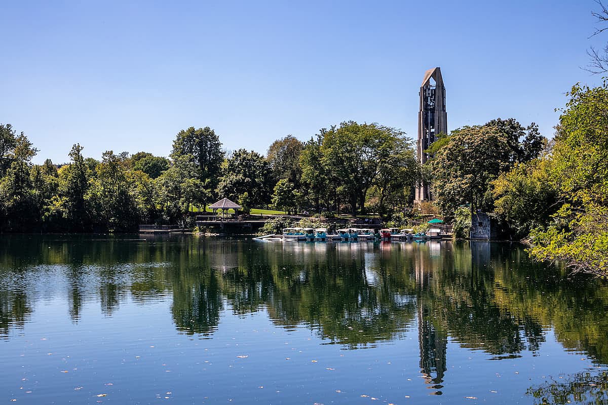 Quarry Lake with Moser Tower in the background in Naperville, Illinois USA 