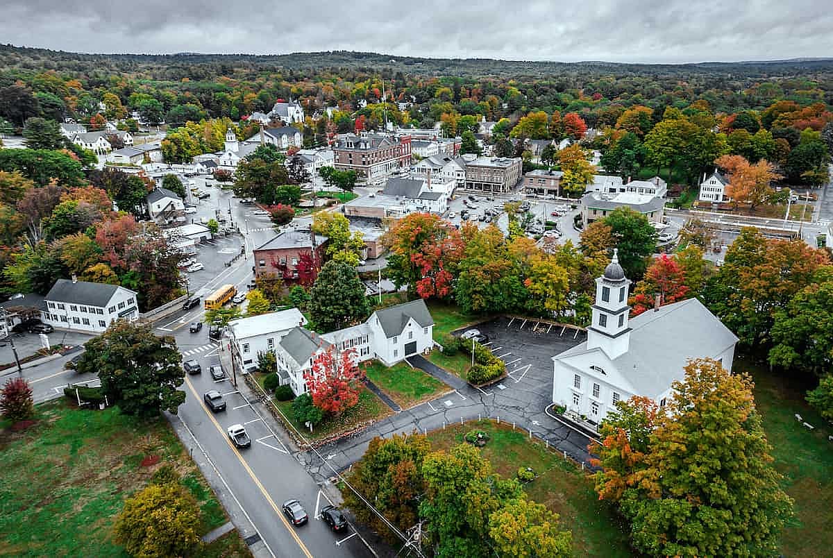 Aerial view of a New Hampshire town in autumn 