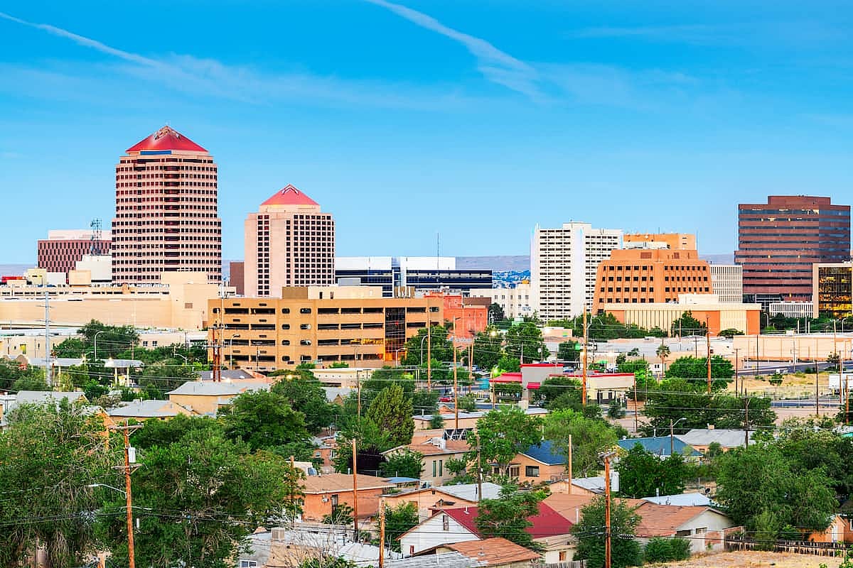 Albuquerque, New Mexico, USA downtown city skyline at dawn.