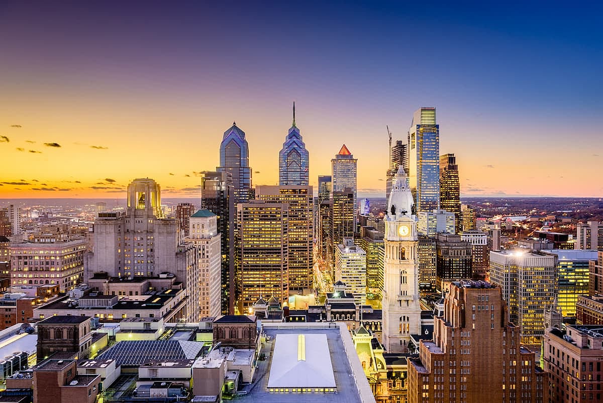Philadelphia, Pennsylvania, downtown city skyline at dusk.