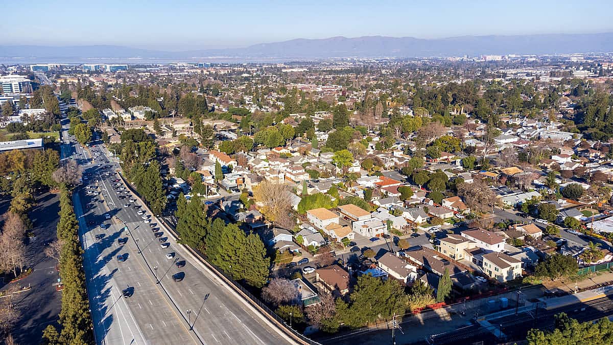 Aerial view of a suburban neighborhood in Sunnyvale, California near S Mathilda Ave.