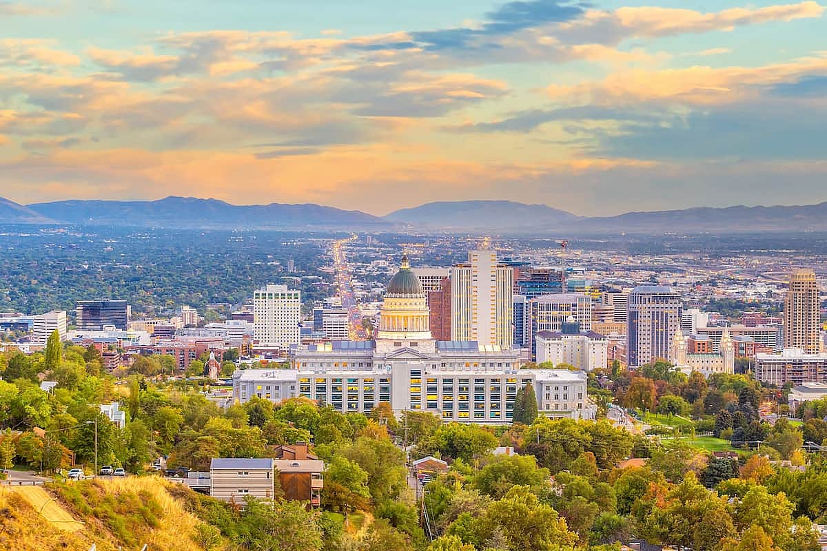 Downtown Salt Lake City skyline cityscape of  Utah in USA at sunset