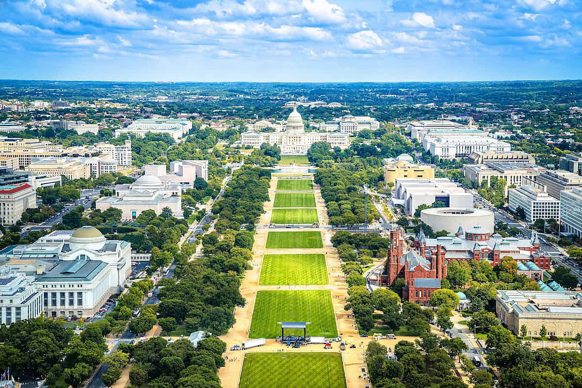 Washington DC cityscape aerial panoramic view, US Capitol and the mall view, capital of USA