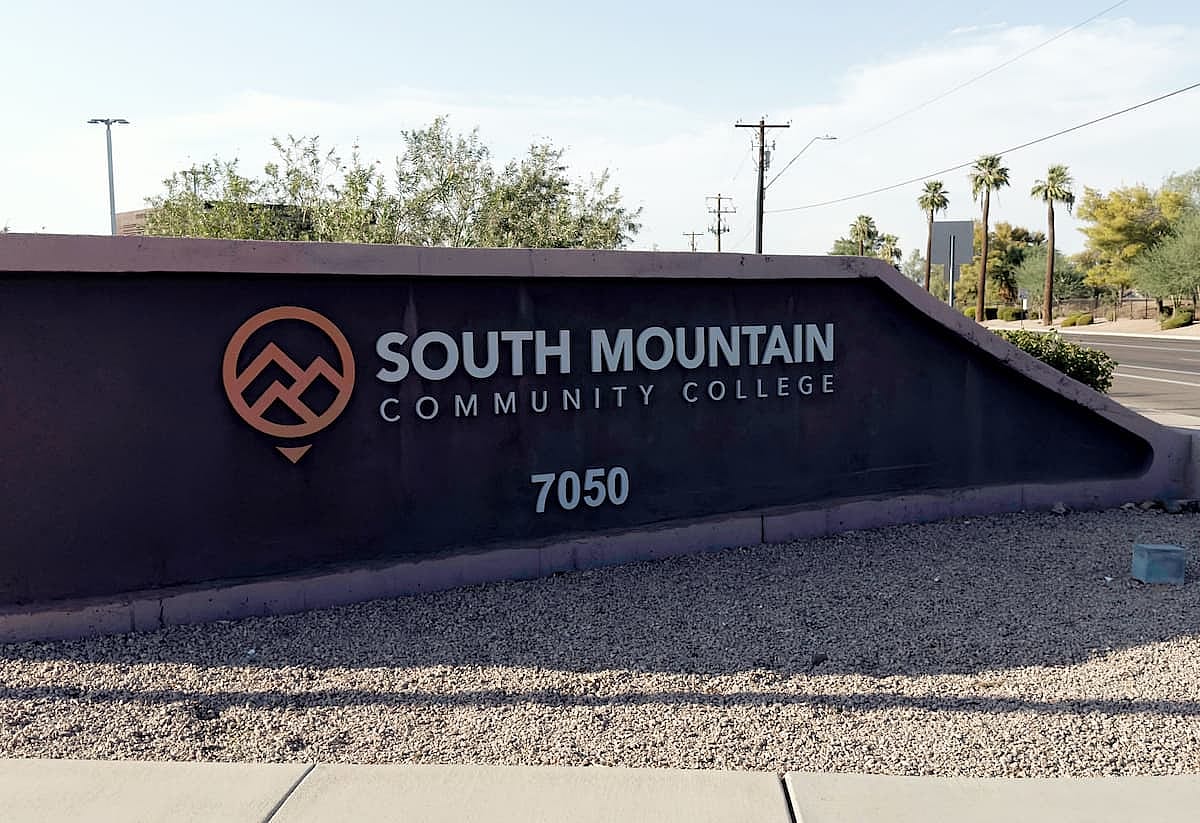 Entrance sign for South Mountain Community College, a public community college in southern Phoenix operated by the Maricopa County Community College District.