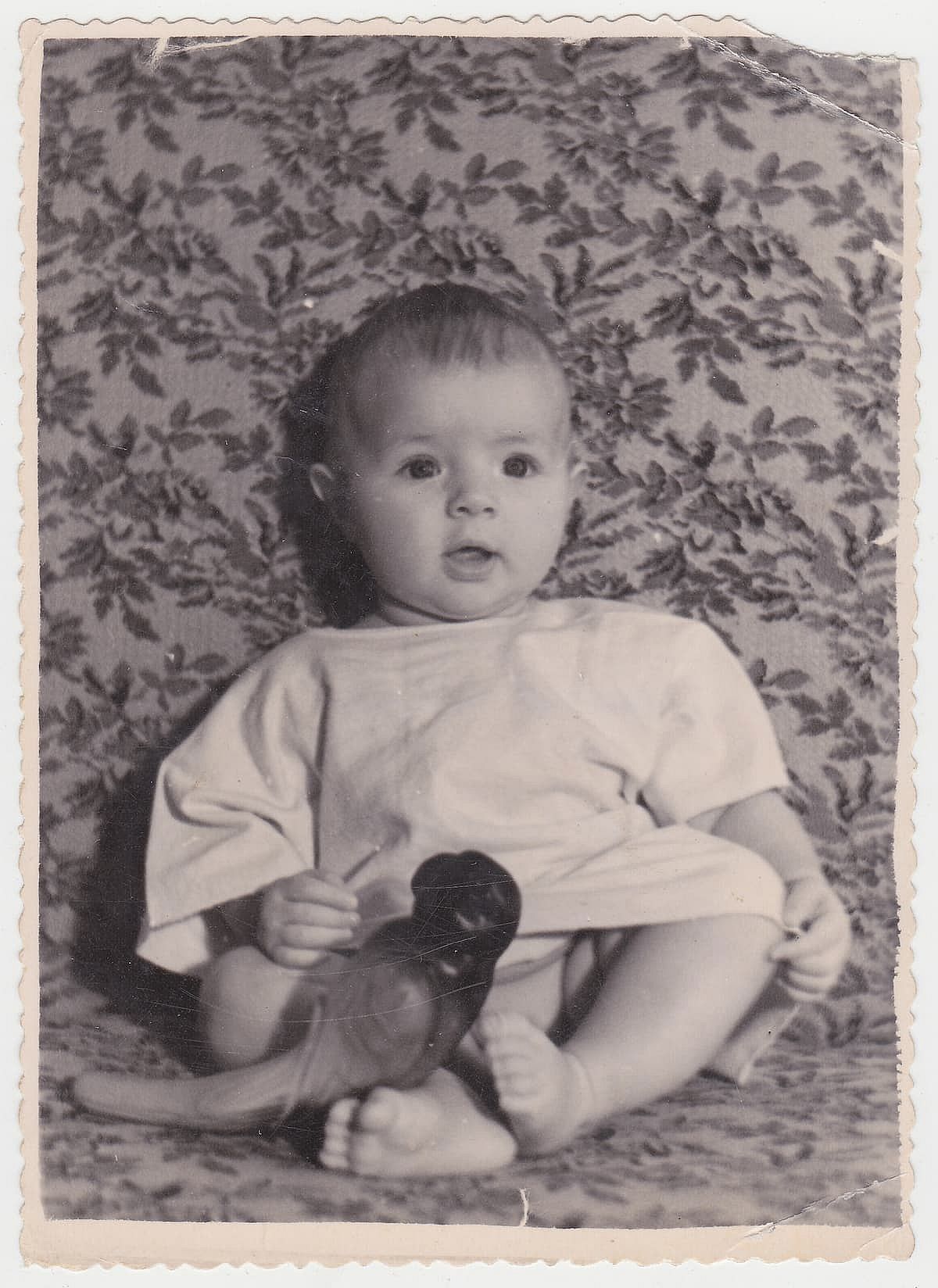 Vintage photograph of a small child with a toy parrot. Old yellowed black and white photograph taken in the Soviet Union around the 1960s.