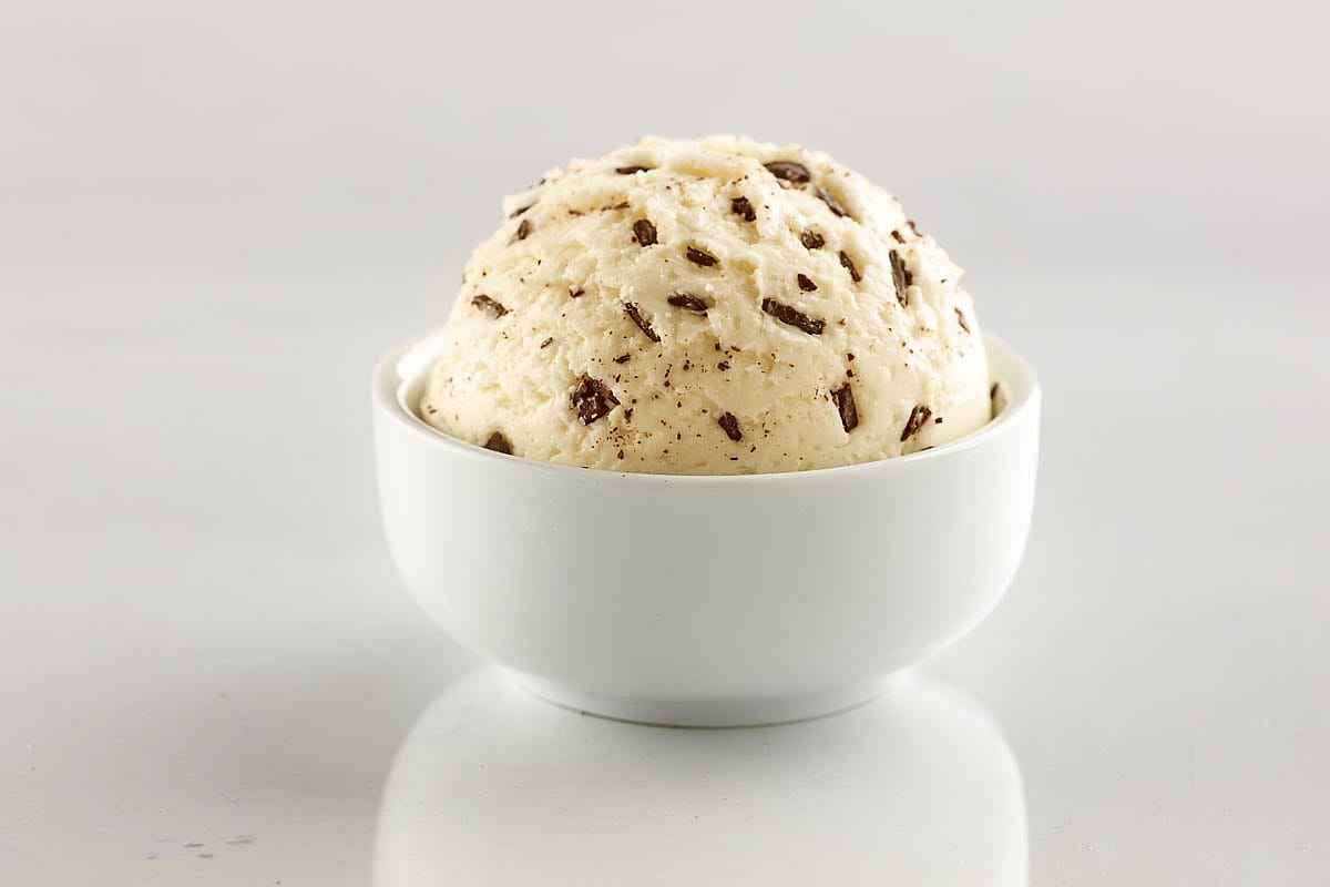 A bowl of chocolate chip ice cream.