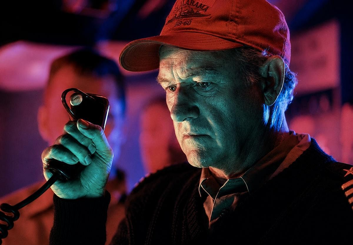 Gene Hackman wearing a red cap during a scene of Crimson Tide (1995)