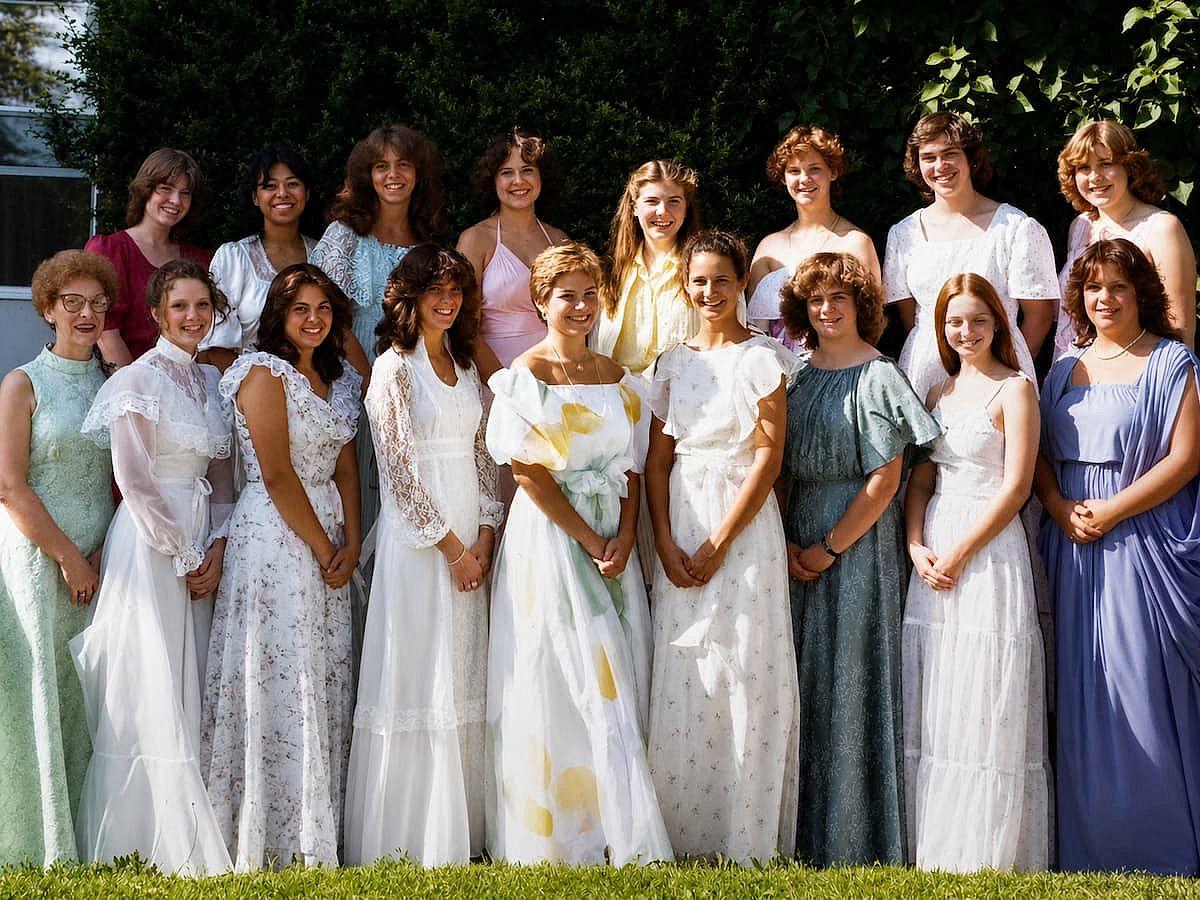 Girls in different colour dresses are ready for Girls' State, 1982.