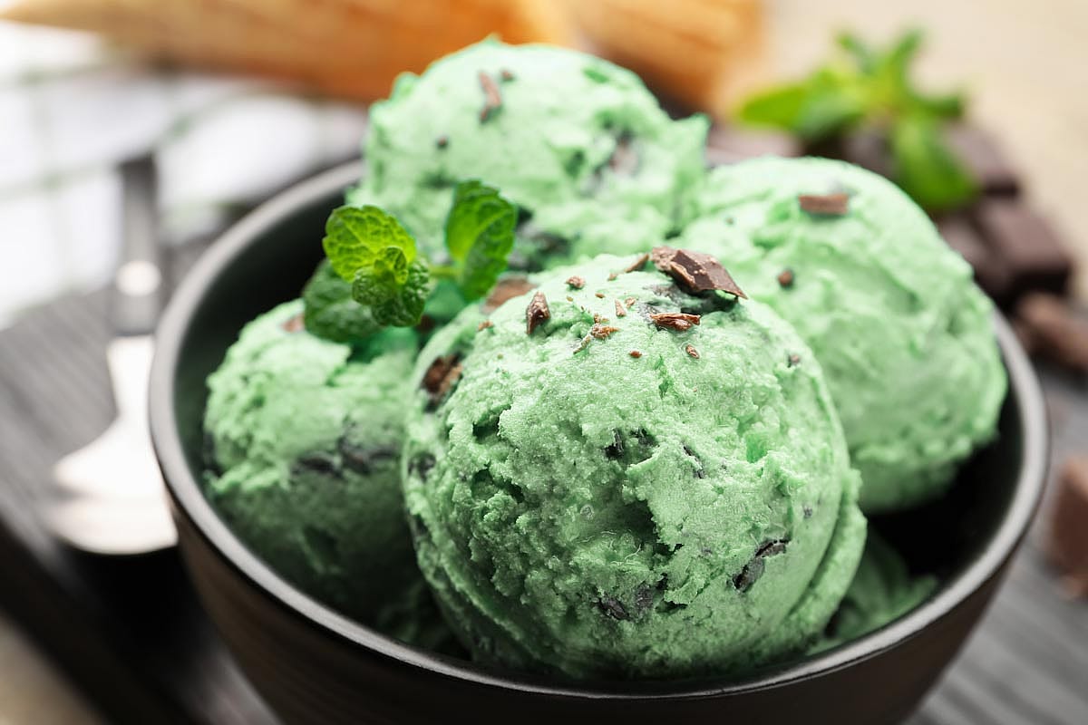 Green chocolate mint chip ice cream in bowl with spoon.