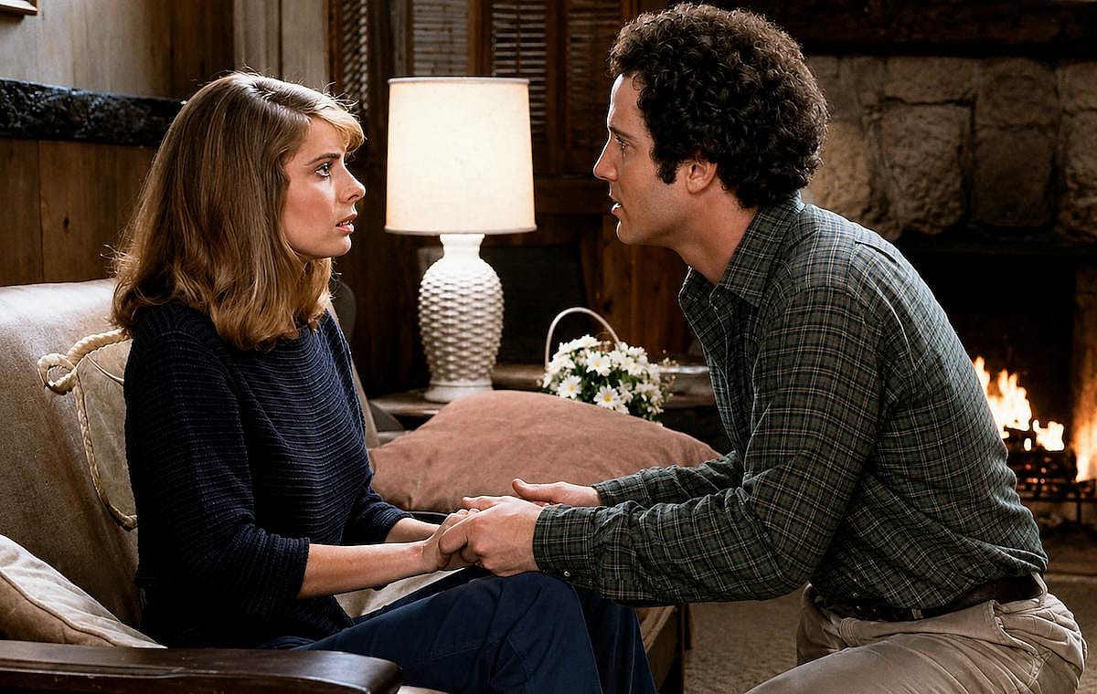 Albert Brooks and Kathryn Harrold holding hands and sitting next to a fireplace in Modern Romance (1981)