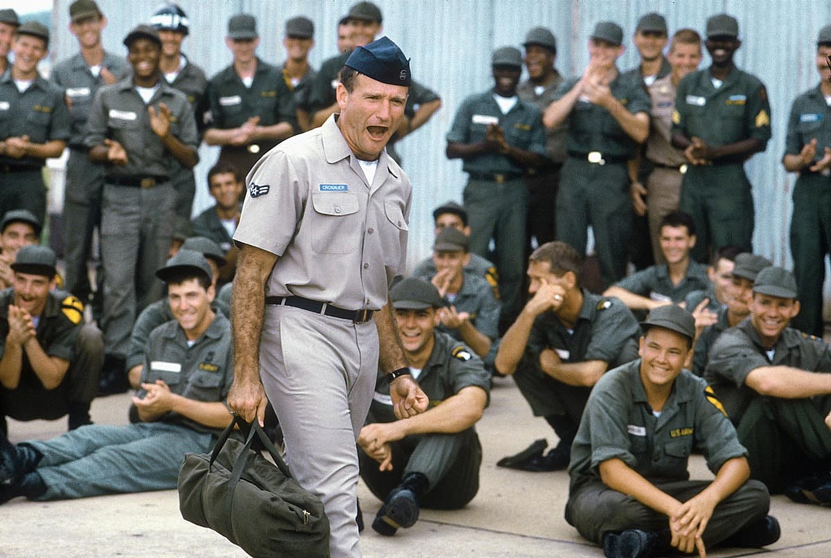 Robin Williams wearing a military uniform for the movie Good Morning, Vietnam (1987)