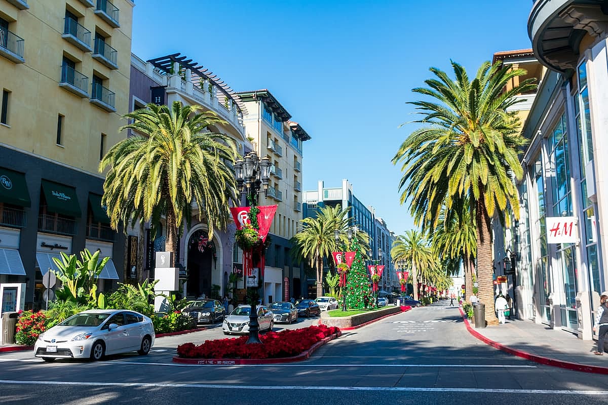Street view of Santana Row residential and commercial district during Christmas holiday season. - San Jose, California, USA - December 16, 2023