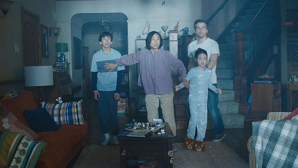 Wagner Moura, Noah Alexander Sosnowski, Riley Chung, and Greta Lee in a still from the film The Last House (2026)