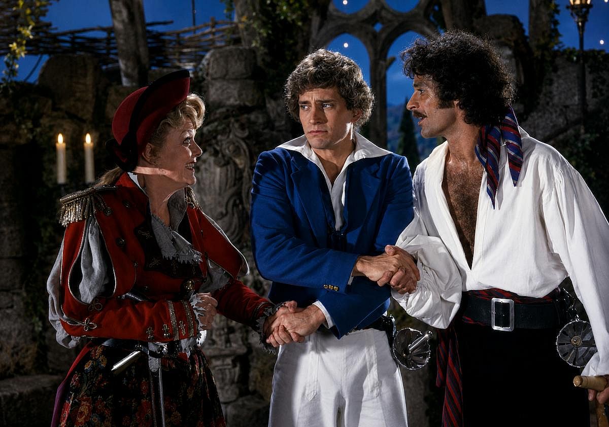ngela Lansbury, Rex Smith, Kevin Kline holding hands and dressed like pirates for The Pirates of Penzance (1983)