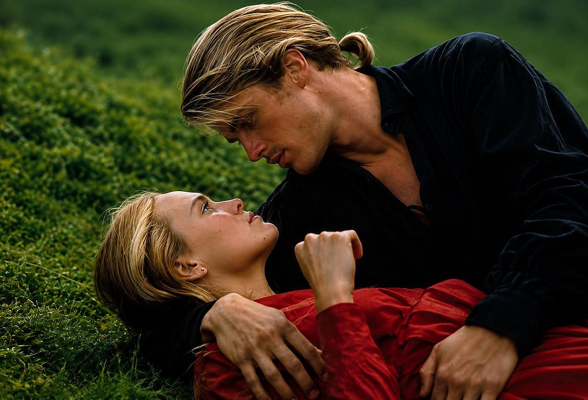 Cary Elwes leaning over Robin Wright while laying down on the grass in The Princess Bride (1987)
