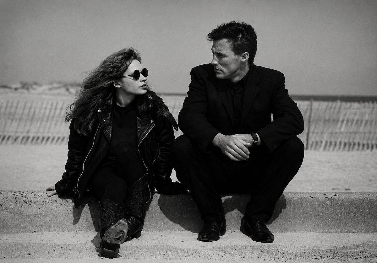 Robert John Burke and Adrienne Shelly wearing black clothes and sunglasses in The Unbelievable Truth (1989)