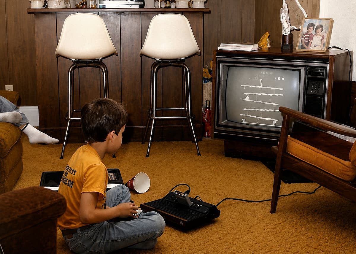 Little boy playing Donkey Kong in his living room in 1982.