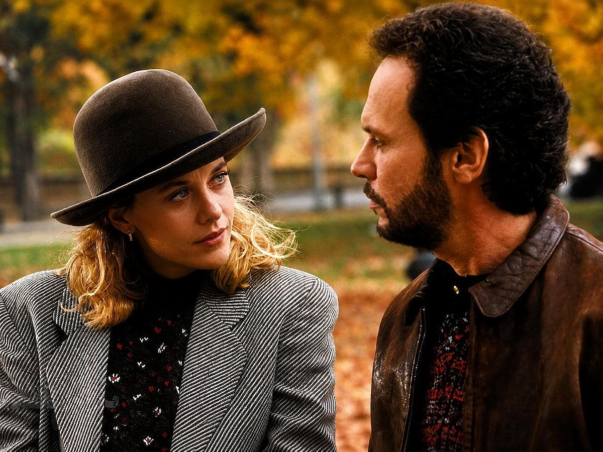 Meg Ryan looking at Billy Cristal in a park in When Harry Met Sally (1989)