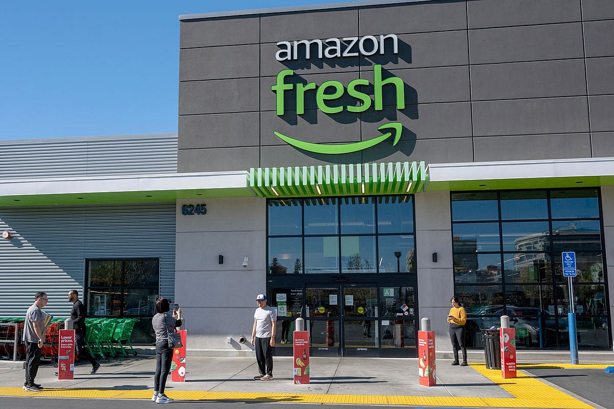 An exterior of an Amazon Fresh store in Woodland Hills, CA.
