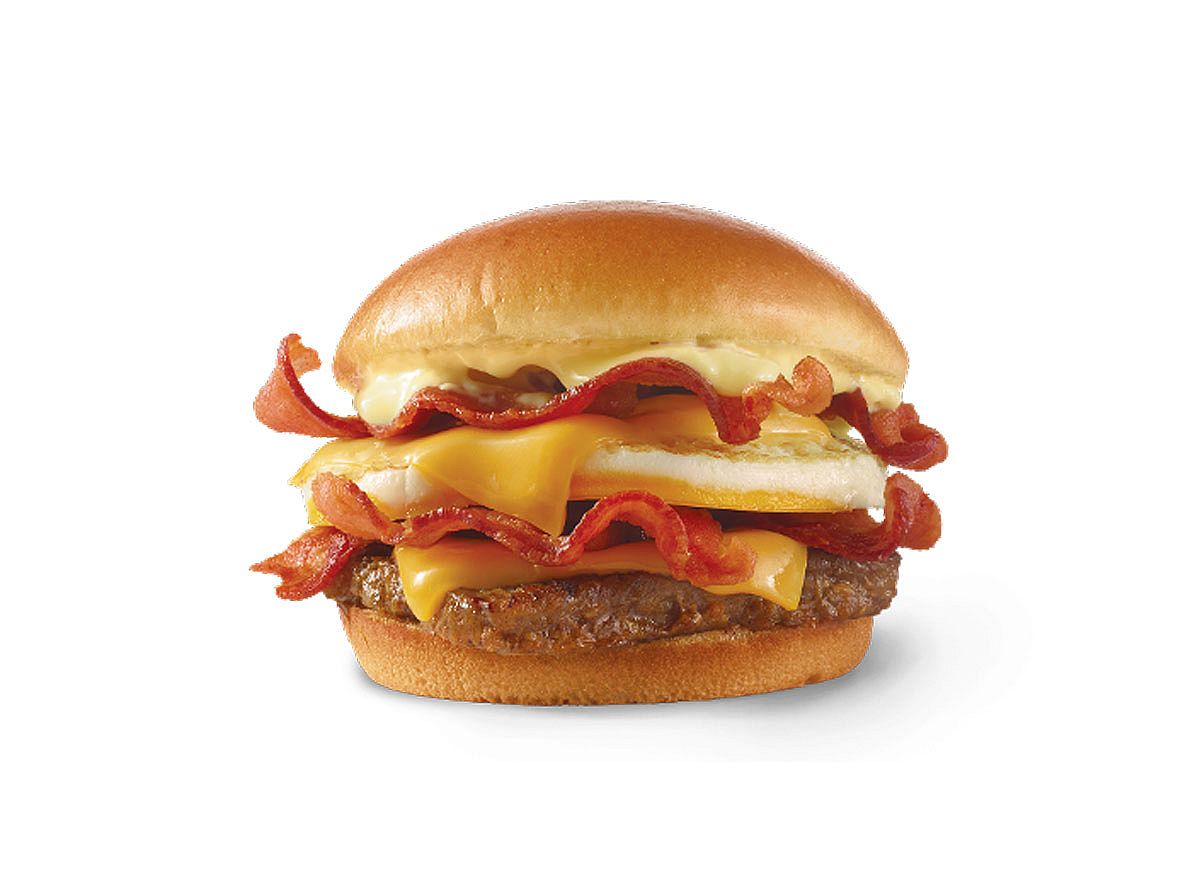 Close shot of a breakfast baconator from Wendy's