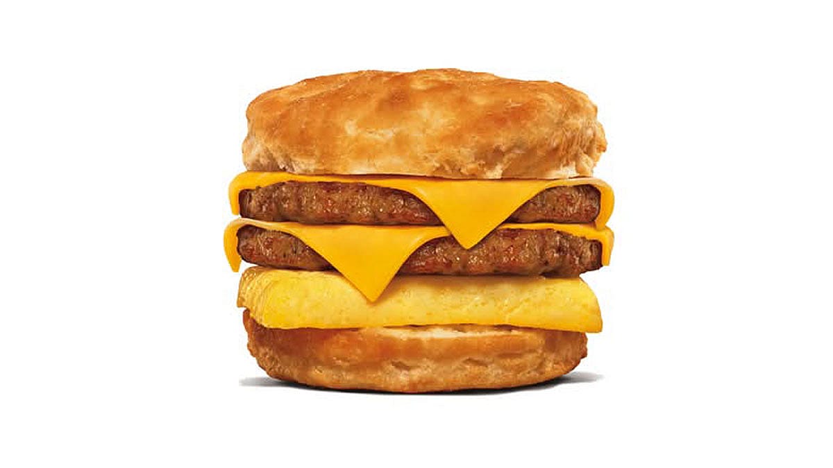 Close shot of a double sausage, egg and cheese biscuit from Burger King