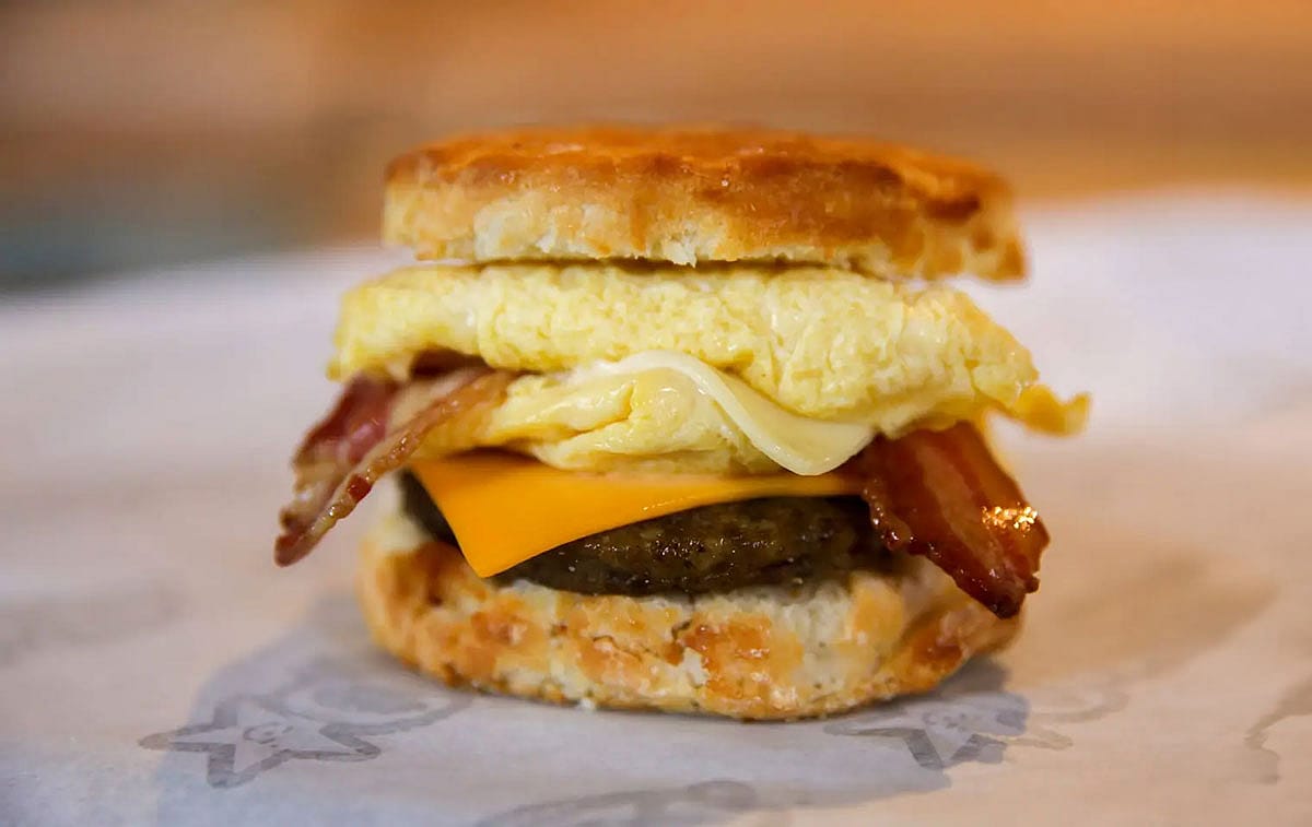 Close shot of a Monster Biscuit breakfast sandwich from Carl's Jr.