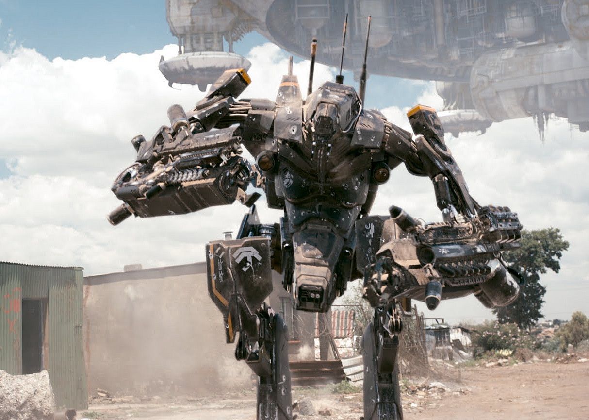 A giant robot with a space craft hovering in the background.