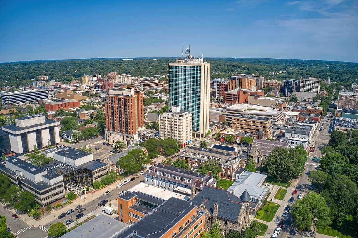 Aerial View of Downtown Ann Arbor, Michigan in Summer