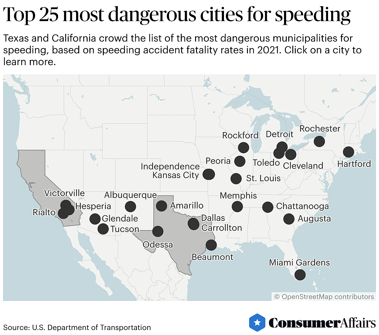 map showing cities where speeding-related deaths are highest