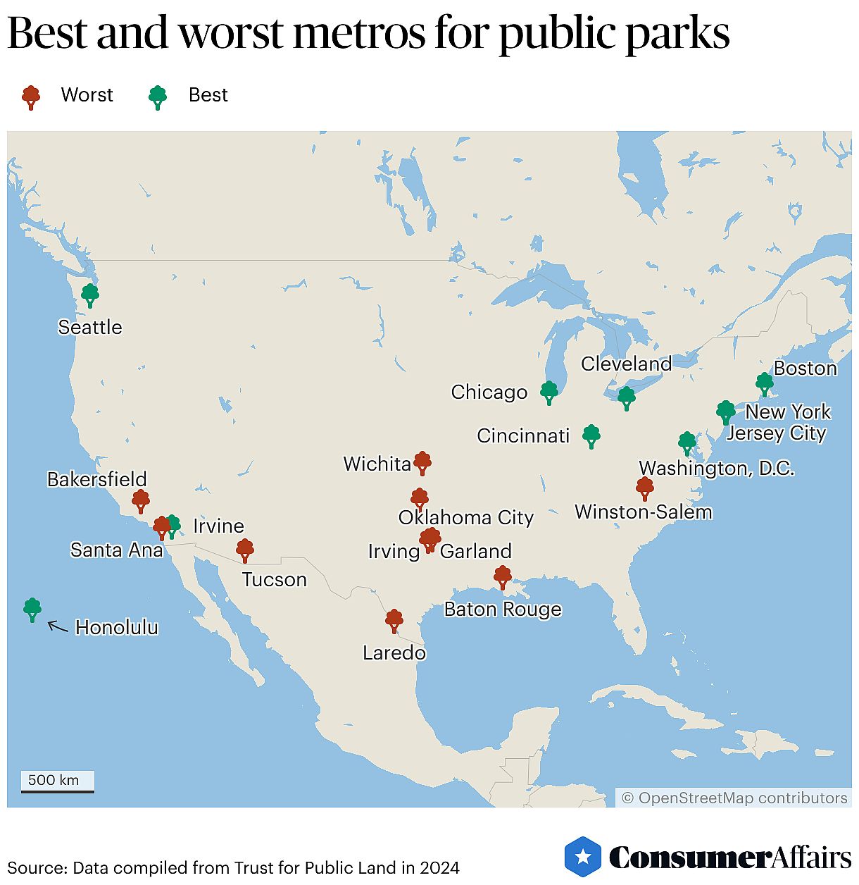 U.S. map showing best and worst cities for park access