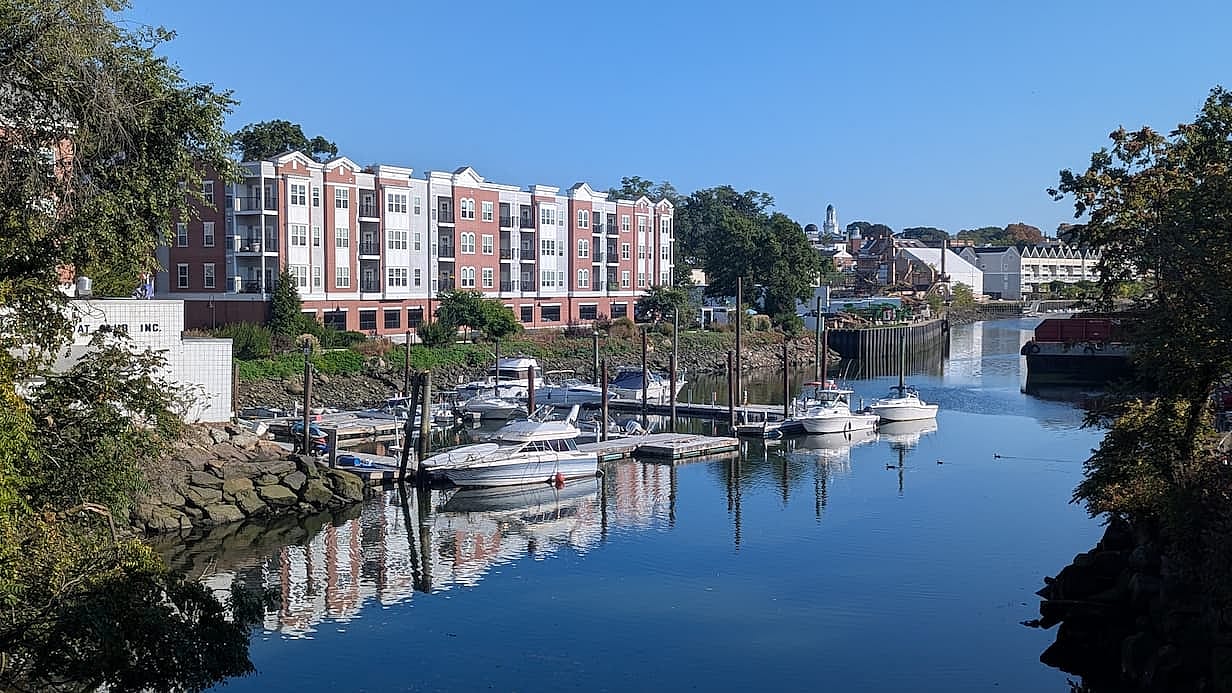 Norwalk, Connecticut, USA - October 5, 2025: View of the Norwalk River and the Veterans Memorial Park and Marina