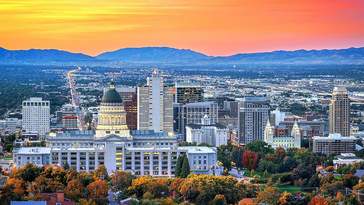 Salt Lake City, Utah, USA downtown city skyline at dawn.