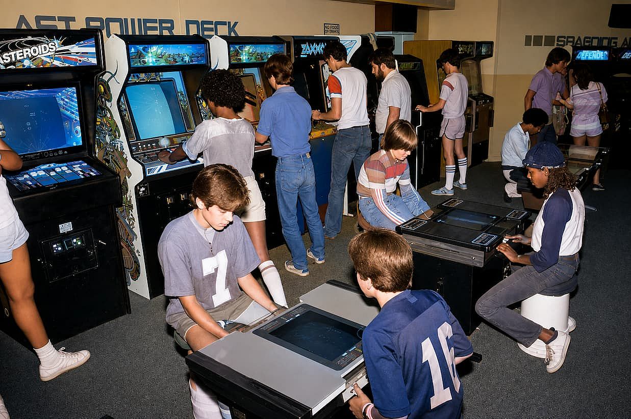 People enjoying a night in an arcade in 1982.