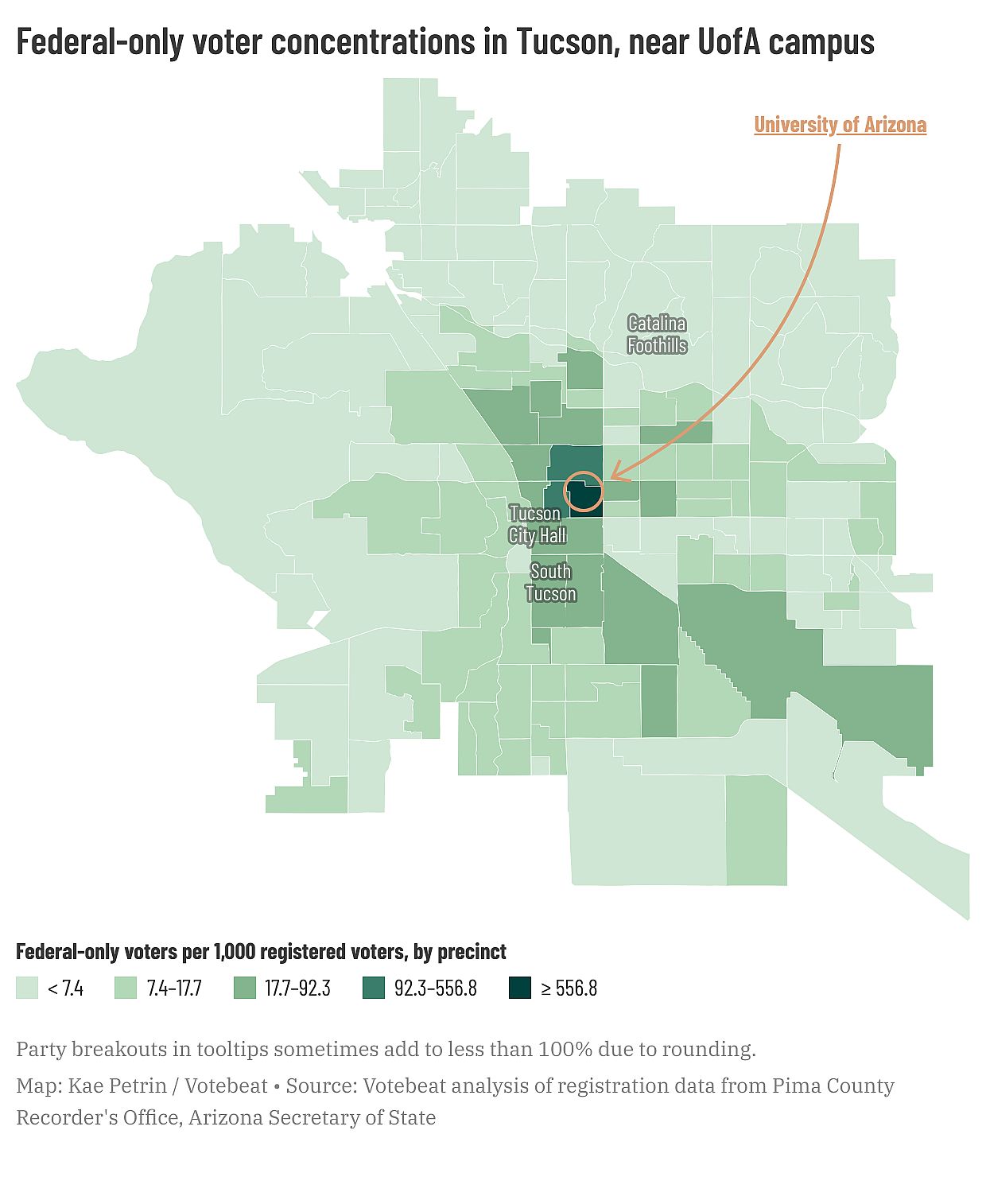 map showing federal-only voter concentrations in Tucson, near UofA campus