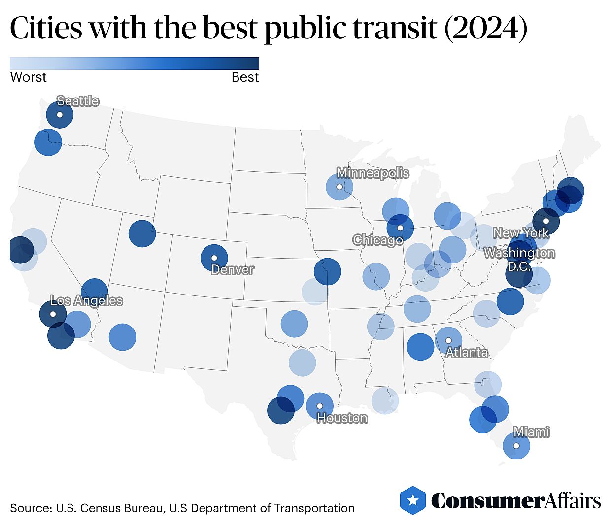 Map showing the Top 10 cities with the best public transit.