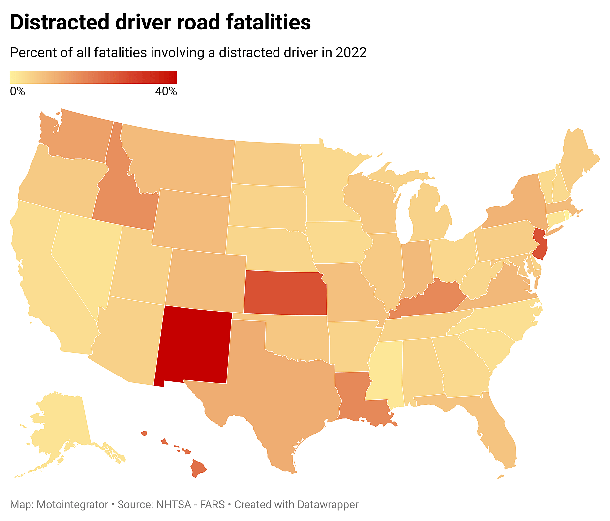 Map showing percentage of road fatalities involving distracted drivers in 2022.