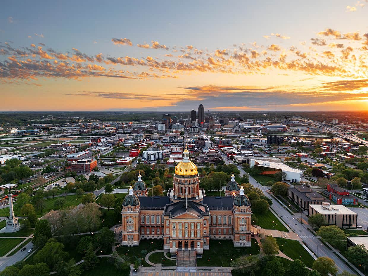 Des Moines, Iowa, USA at the Capitol Building from above.