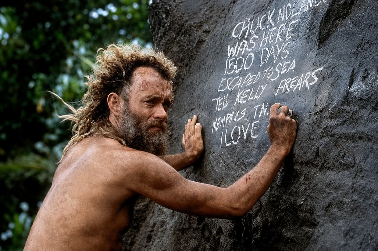Tom Hanks writing on a rock for a scene of Cast Away