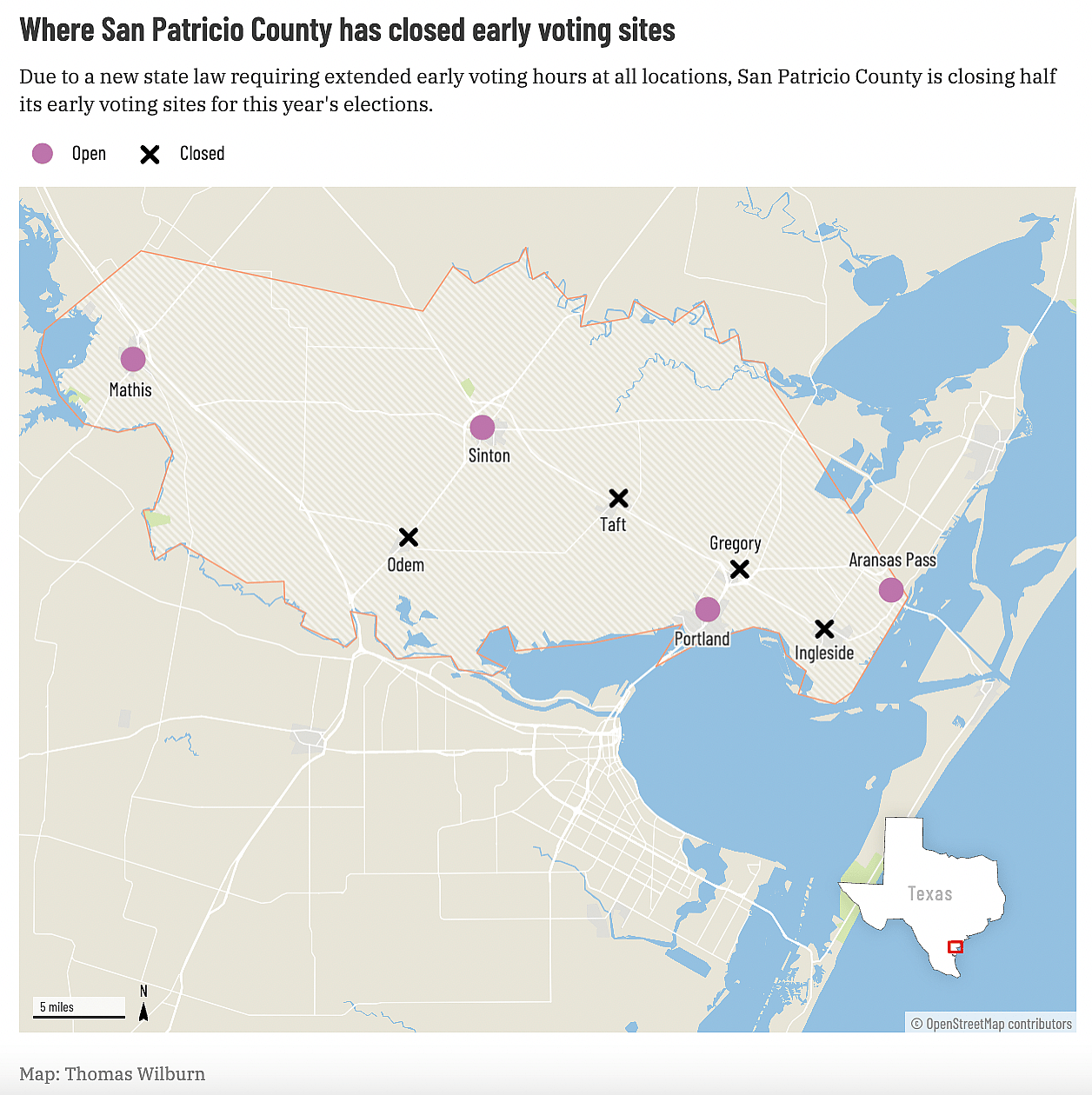 map showing where San Patricio County has closed early voting sites