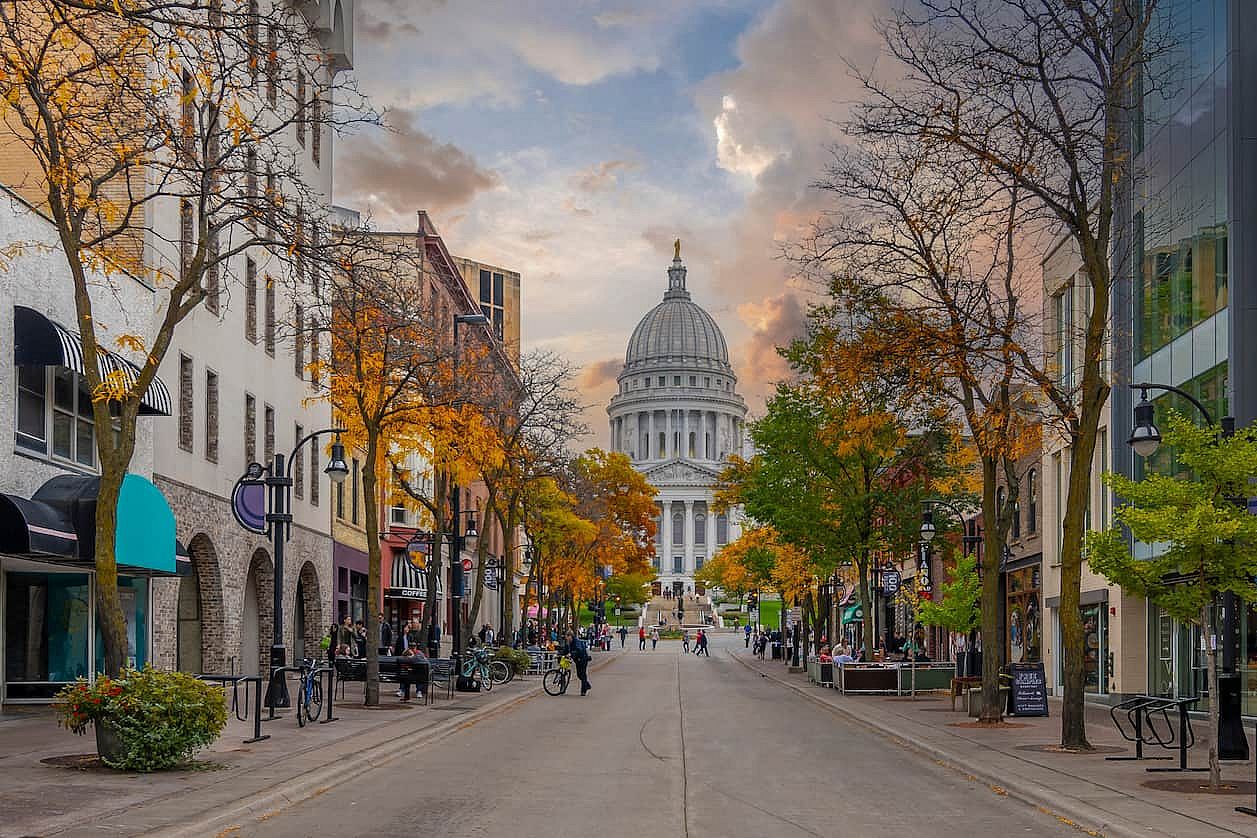 Madison, USA - October 19, 2019 : Madison City street view in Wisconsin of USA
