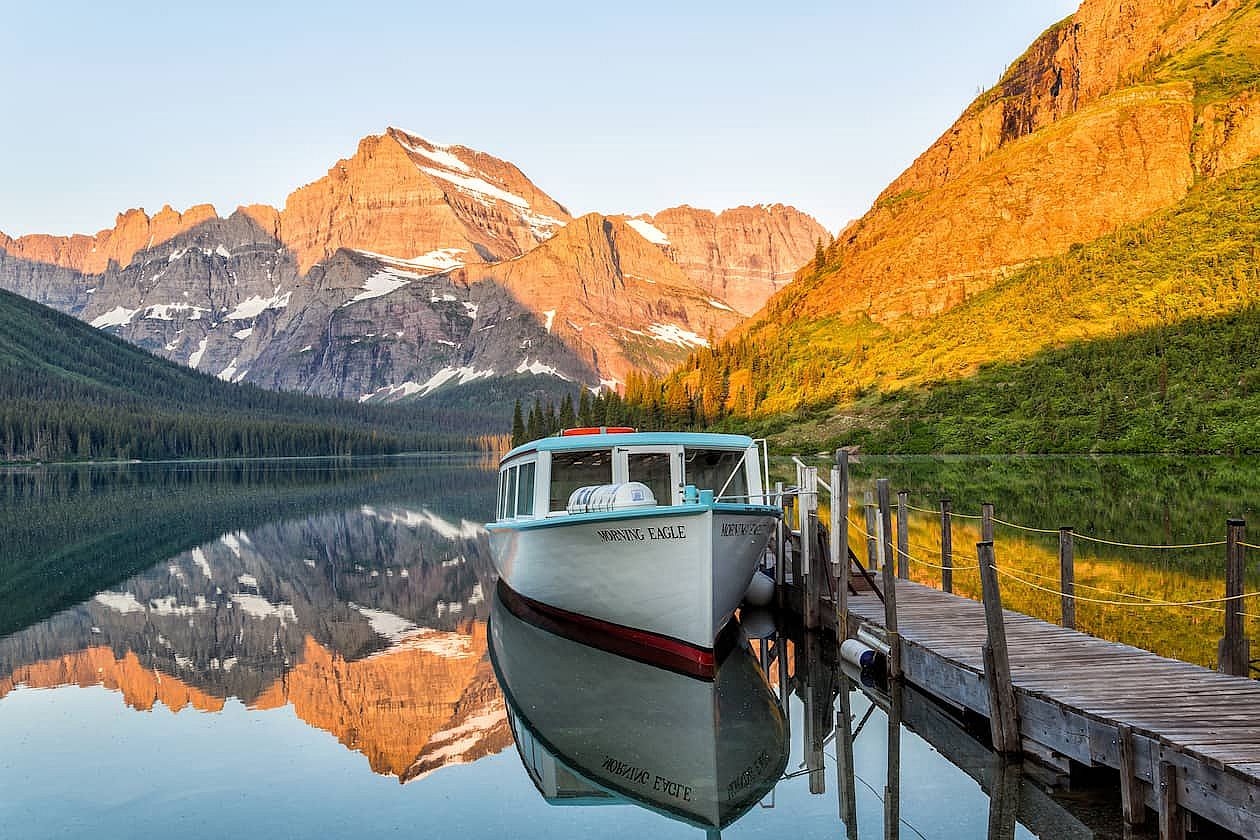 Tour boat in Josephine Lake, Glacier National Park, Montana, USA