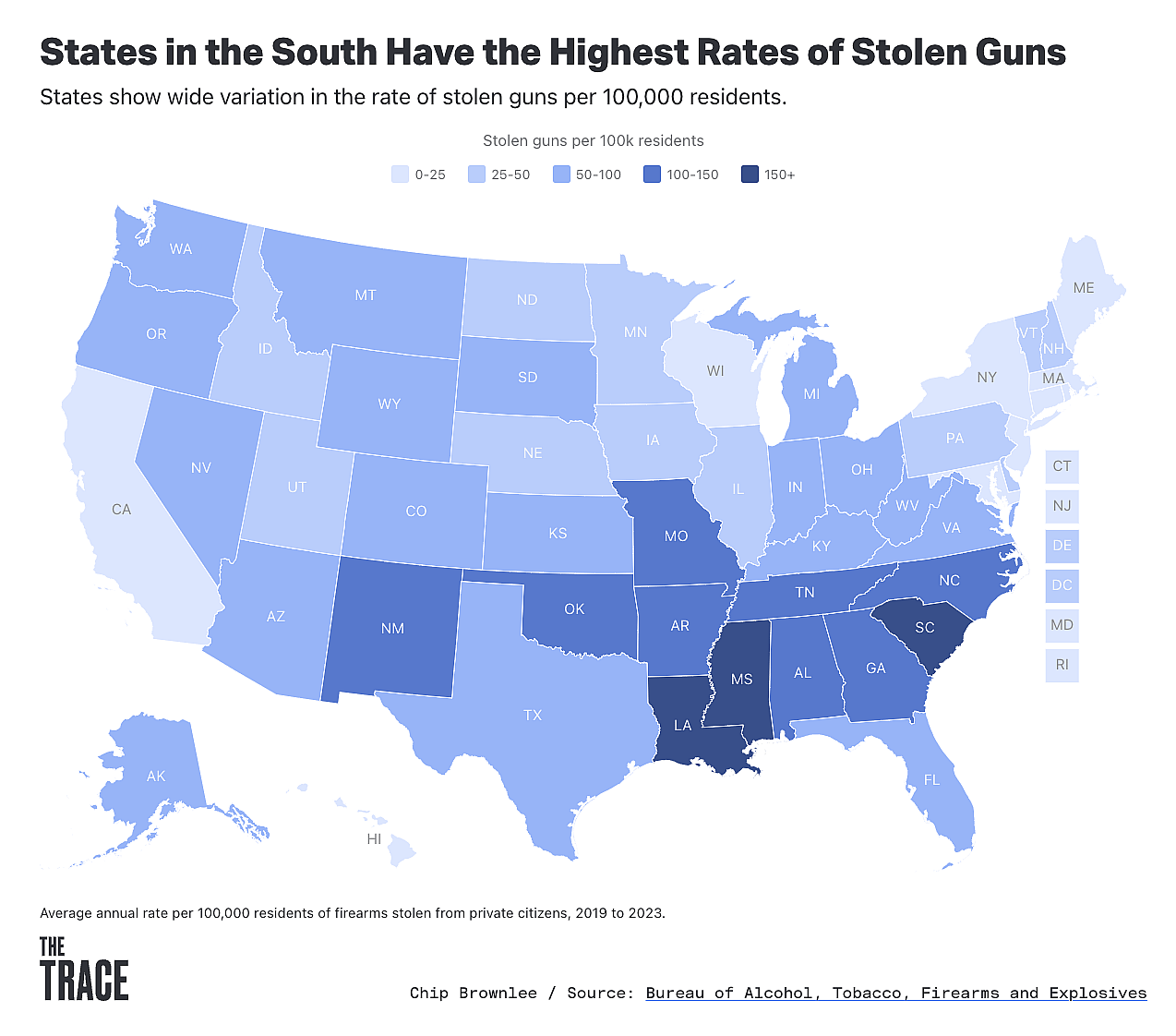 Map showing which states have the highest rates of stolen guns.