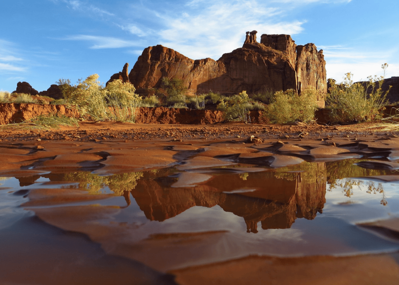 Standing water near a rock formation
