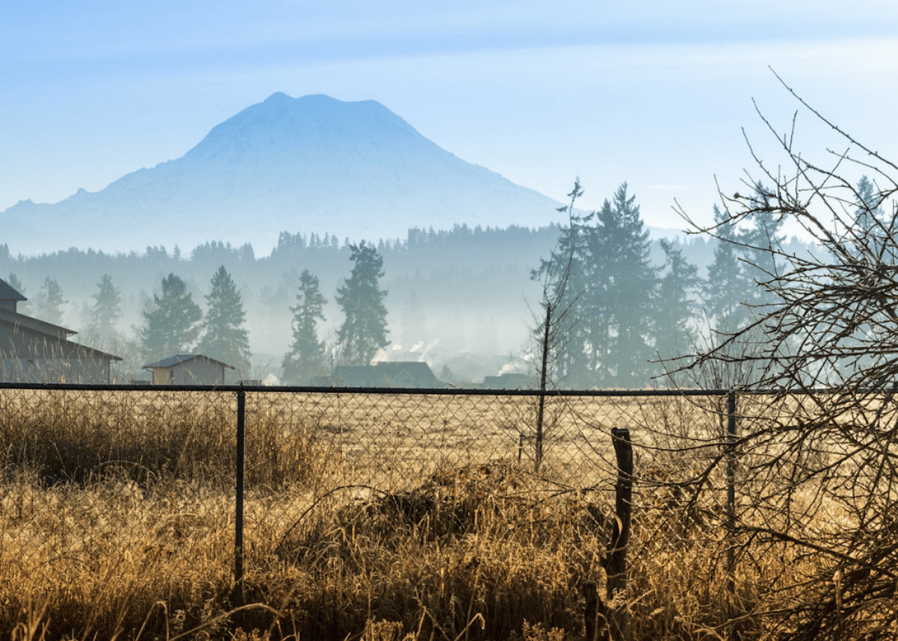 Mt. Rainier looms over farmland