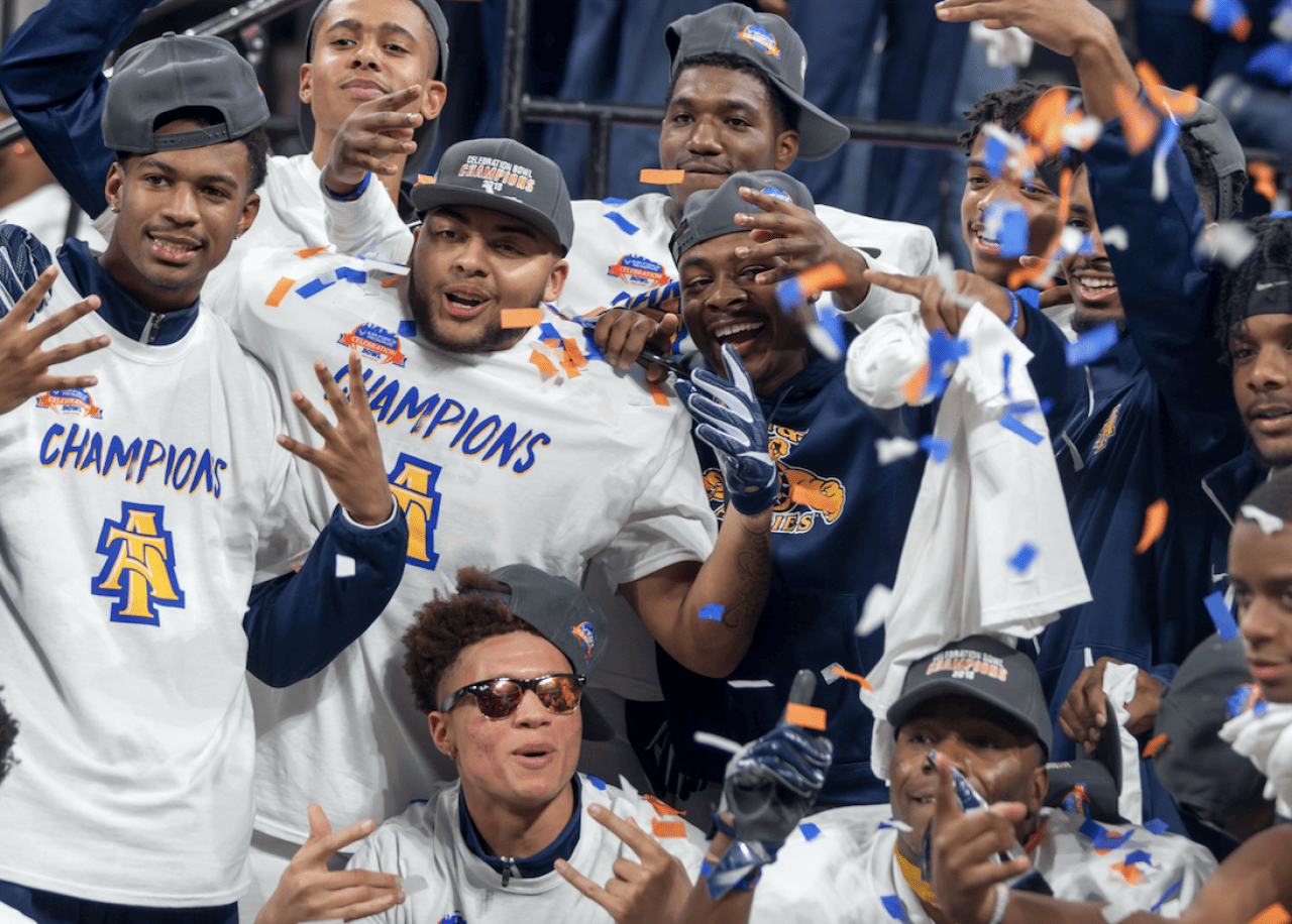 #36. North Carolina A&T State University Football players celebrating.